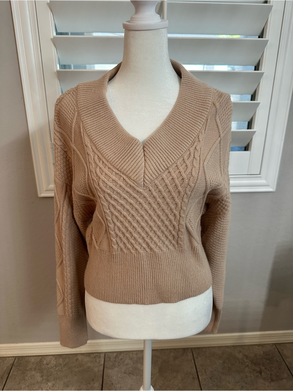 Fashion Nova Cable Knit V-Neck Sweater - Beige